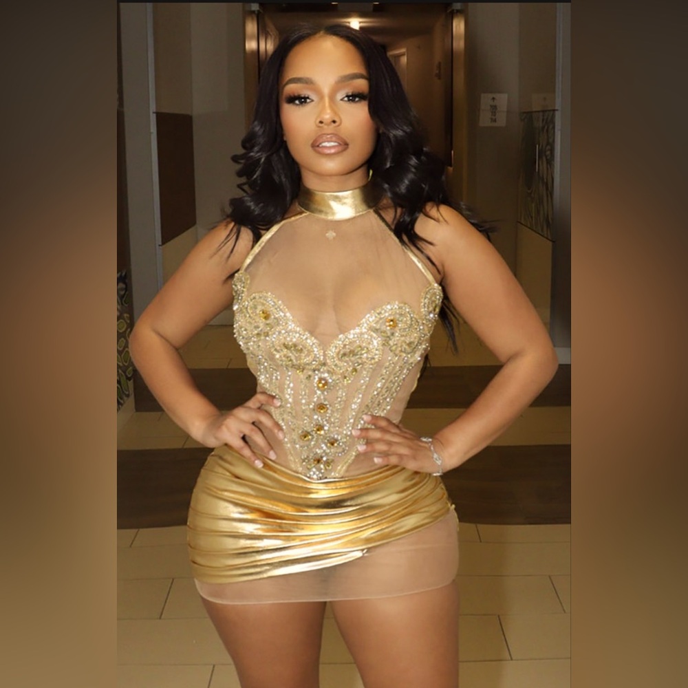 Mesh high neck sheen metallic finish ruched mini dress